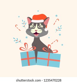 Domestic cat wearing a Santa hat. Smiling happy cute  cat with Christmas gifts and decorations. Small kitten. Christmas and New Year greeting illustration.