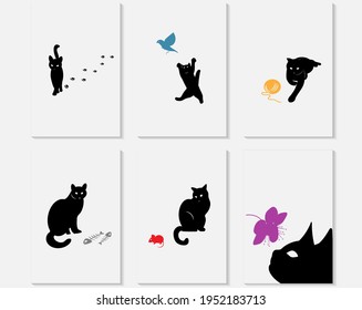 Domestic cats in different poses. Black silhouettes with colour elements isolated on white background. Vector for crafters, designers, illustrators, decorators. Social media templates