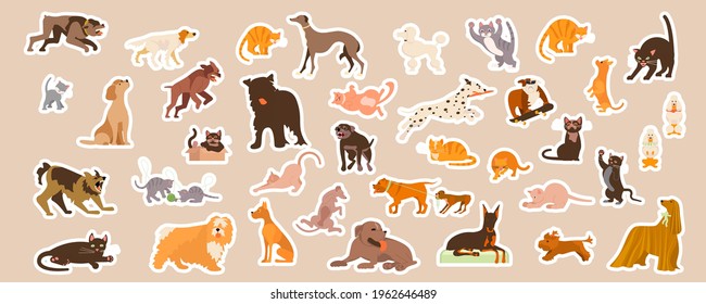 Domestic cats and dogs cute stickers set. Cute sticky labels decorated with pets isolated. Flat Art Vector Illustration