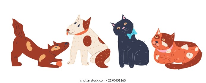 Domestic cats and dogs standing in row, flat cartoon vector illustration isolated on white background. Cute domestic animals for veterinary and pets care products sale.