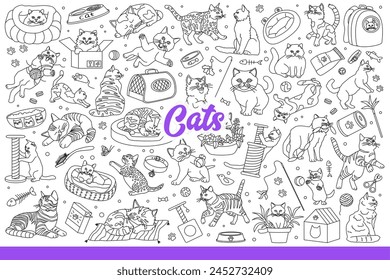 Domestic cats have fun with favorite toys or sleep on beds and sharpen claws. Background with pets pleasing owners, for advertising accessories store or cat food. Hand drawn doodle