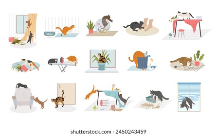 Domestic cats. Pets bad behavior in home interior destroying rooms recent vector cartoon illustrations