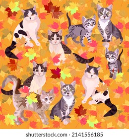 Domestic cats play among the fallen maple leaves. Beautiful seamless autumn print for fabric with chinese new year 2023 symbols.
