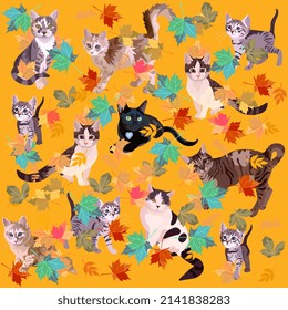 Domestic cats play among fallen leaves on a windy day. Seamless print for fabric, wallpaper in vector. Cute animals on an orange background.