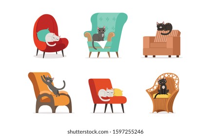 Domestic Cats Resting on Soft Armchairs Vector Set