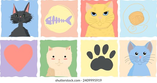 Domestic cats. Set of pets symbols. Vector illustration.
