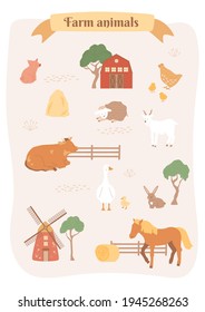 Domestic characters walk in the paddock on field. Wooden barn, fence, windmill, trees, grass and textures. Poster with animals set for kids, agriculture design. Ribbon with title. Abstract farm map