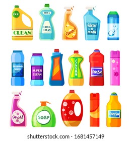Domestic chemicals set, washing liquids in bottle