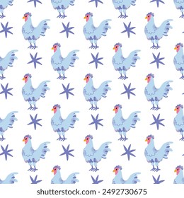 Domestic Chicken, cock seamless pattern. Hens, rooster, breed. Farm birds, Easter, organic eco food concept. Cute farm animal isolated on background