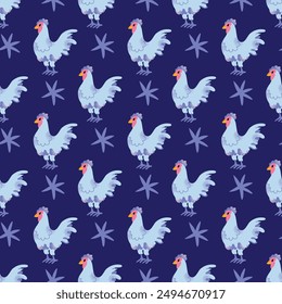 Domestic Chicken, cock seamless pattern. Hens, rooster, breed. Farm birds, Easter, organic eco food concept. Cute farm animal isolated on background