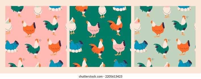 Domestic Chicken. Different hens, rooster, eggs in nest. Various breed. Farm birds, Easter, organic eco food concept. Cute farm animals. Hand drawn Vector illustration. Set of three seamless Patterns