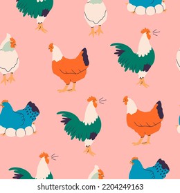 Domestic Chicken set. Different hens, rooster, eggs in nest. Various breed. Farm birds, Easter, organic eco food concept. Cute farm animals. Hand drawn Vector illustration. Square seamless Pattern