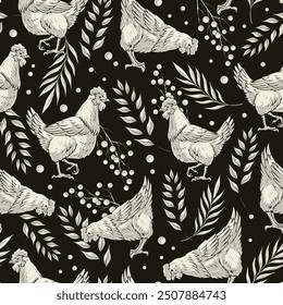 Domestic chickens seamless pattern monochrome with chickens raised by farmer to obtain fresh eggs and sell at fair vector illustration