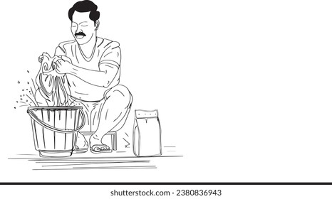 Tareas domésticas: Ilustración de un hombre indio lavando ropa en su casa, Ilustración de ropa en casa: Dibujo de caricatura de un hombre indio lavando ropa, 