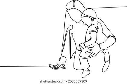 Domestic chores at maternity leave continuous one line drawing of young mother with baby boy cleaning kitchen at home