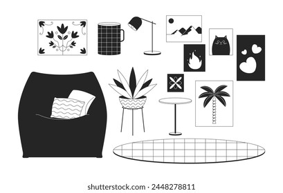 Conjunto de objetos de dibujos animados de línea 2D en blanco y negro para mejorar el confort doméstico. Muebles y accesorios aislados de Vector contorno artículos de colección. Ilustraciones de punto plano monocromáticas del estilo interior del hogar