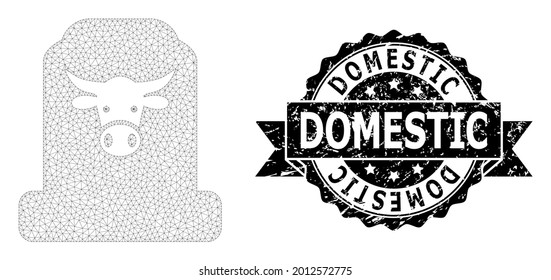 Domestic corroded stamp and vector cow cemetery mesh model. Black stamp includes Domestic title inside ribbon and rosette. Abstract flat mesh cow cemetery, built from flat mesh.