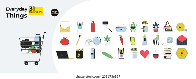 Domestic daily 2D linear cartoon objects bundle. Indoor plants, cosmetics, vegetables isolated line vector elements white background. Tools, accessories color flat spot illustration collection