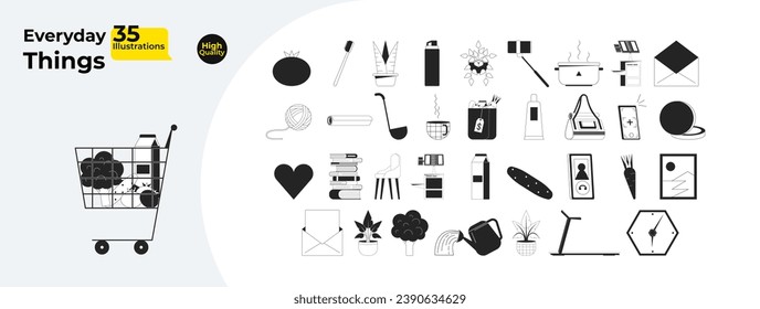 Domestic daily black and white 2D line cartoon objects bundle. Plants, cosmetics, veggies isolated vector outline items pack. Tools, accessories monochromatic flat spot illustration collection
