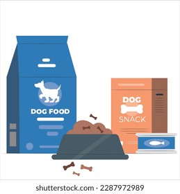 Hundefutter, Packung und Faltschachtel für Hunde. Vollknochenförmige Trockenfutterschüssel. Werbevorlage für Tiermehl Flache Vektorgrafik einzeln auf weißem Hintergrund. Design des Hundefutter-Pakets