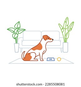 Domestic dog at home. Jack russell terrier puppy in living room - couch, carpet, tall plants. Purebred dog resting near sofa in cozy interior. Line Illustration in minimalist style. Editable strokes