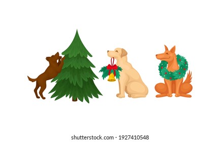 Domestic Dog Pet with Christmas Symbols Vector Set