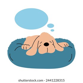 A domestic dog spaniel sleeps on a pillow. Bubble for text. Pet friend. Cute animal. Vector flat illustration isolated on white background