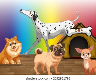 Domestic dogs cartoon character on rainbow gradient background illustration