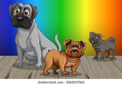 Domestic dogs cartoon character on rainbow gradient background illustration