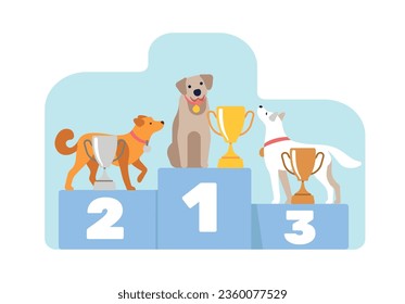 Domestic dogs on show with prizes for first, second and third places. Pets competition. Reward goblets. Breeds exhibition. Animal champions at pedestal. Award ceremony