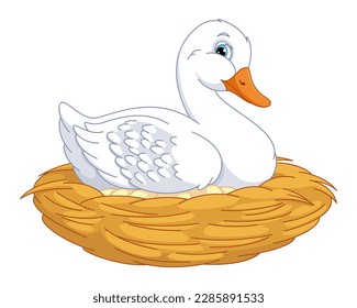 Domestic Duck Sitting in Nest with Eggs Cartoon Vector Illustration