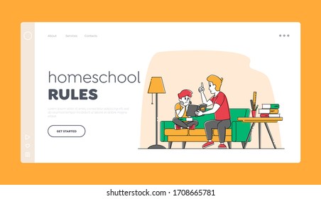 Domestic Education at Home, Homeschooling Landing Page Template. Tutor or Father and Schoolboy Sitting on Couch, Boy Reading Textbook, Male Character Explain Lesson. Linear People Vector Illustration