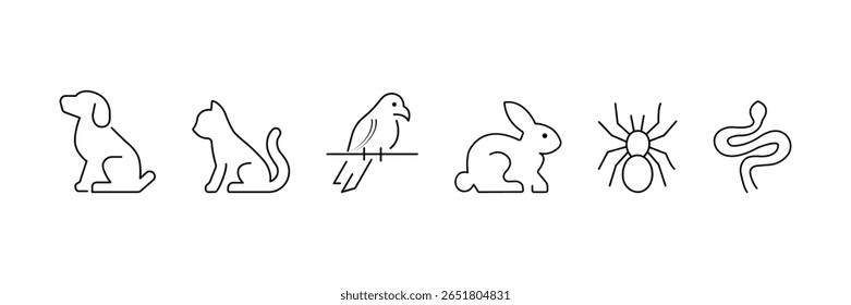 Domestic and exotic pet animal icon set with dog cat bird rabbit spider snake line style vector illustration outline.
