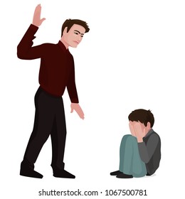 Domestic & Family Violence. A man swings to hit a boy.  Sad child sitting on the floor. Divorce. Family violence. Vector illustration in a flat style