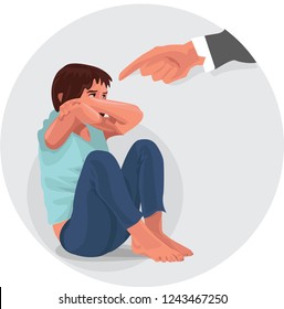 Domestic & Family Violence. Strict father. Man scolds a child.  Sad child sitting on the floor.  Family violence. Vector illustration in a flat style