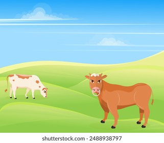 Domestic farm animal. A cow and a bull are grazing in a meadow. Rural hills. Scenery.