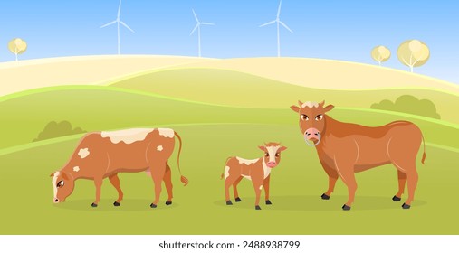 Domestic farm animal. A cow, a calf and a bull are grazing in a meadow. Rural hills. Scenery. 