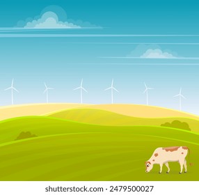 Domestic farm animal. A cow grazes in a meadow. Rural hills. Scenery. 