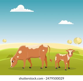 Domestic farm animal. A cow and a small calf are grazing in a meadow. Rural hills. Scenery. 