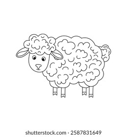 Domestic or farm animal. Cute fluffy sheep. Kids contoured illustration funny sheep. Colouring book. Doodle illustration sheep on white background.