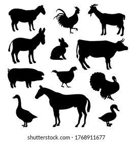 Domestic, farm animals, birds black silhouette icons set isolated on white. Donkey, cock, goat, sheep, rabbit, cow, pig, chicken, turkey, horse, goose, duck vector illustration for infographic, web.