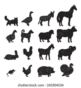 Domestic farm animals black silhouettes icons set  with cow goat horse pig donkey isolated abstract vector illustration