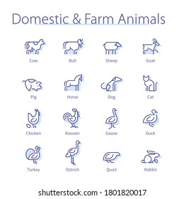 Domestic & farm animals. Cow, dog, sheep, cat, chicken, goat, horse, pig, quail, cock, rooster thin line icons set. Agriculture & farming cattle, poultry livestock isolated linear vector illustrations