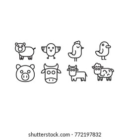Domestic farm animals cow, pig, bull, sheep, ram and rustic bird chicken, chicken, rooster, duck on white background vector icon set
