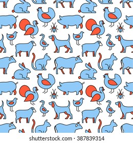 Domestic and farm animals icons square seamless pattern. For store sales decoration. Thin line art flat objects texture illustration.