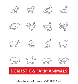 Domestic farm animals line icons. Cow, dog, cat, donkey, chicken, duck, goose, pig, sheep. Editable strokes. Flat design vector illustration symbol concept. Linear signs isolated on white background