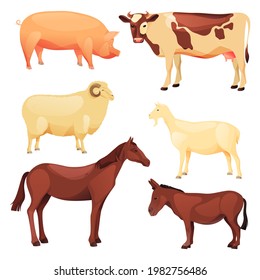 Domestic or farm animals set, cartoon farm beasts