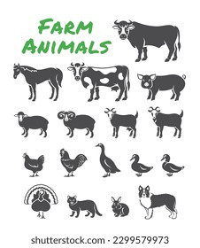 Domestic farm animals silhouette illustrations. Simple solid outline elements of large and small cattle, fowl, horse, pig, turkey, rabbit, other pets. Clip art of livestock, male and female species