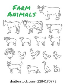 Domestic farm animals simple thin line icons. Outline minimal pictograms of cattle, fowl, horse, pig, turkey, rabbit and other pets. Linear illustration of livestock, male and female species