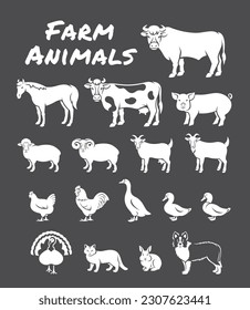 Domestic farm animals solid silhouette illustrations. White pictograms on dark background. Simple outline elements of large and small cattle, fowl, horse, pig, turkey, rabbit, other livestock